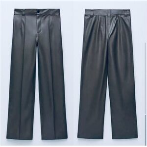 Zara High Rise Vegan Faux Leather Trouser Pants, Black, Size XS